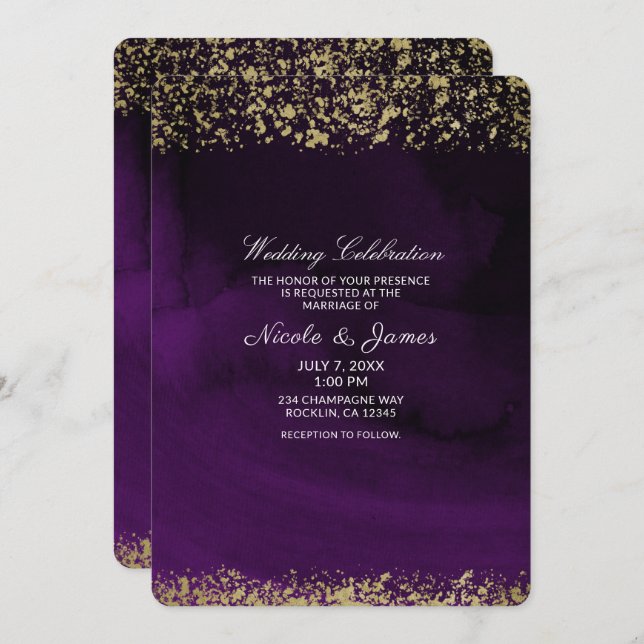 Invitation Aquarelle moderne Moody Royal Purple Gold Mariage (Devant / Derrière)