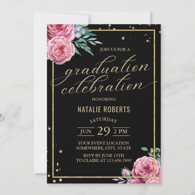 Invitation Aquarelle moderne Noir & Or Graduation Florale (Devant)