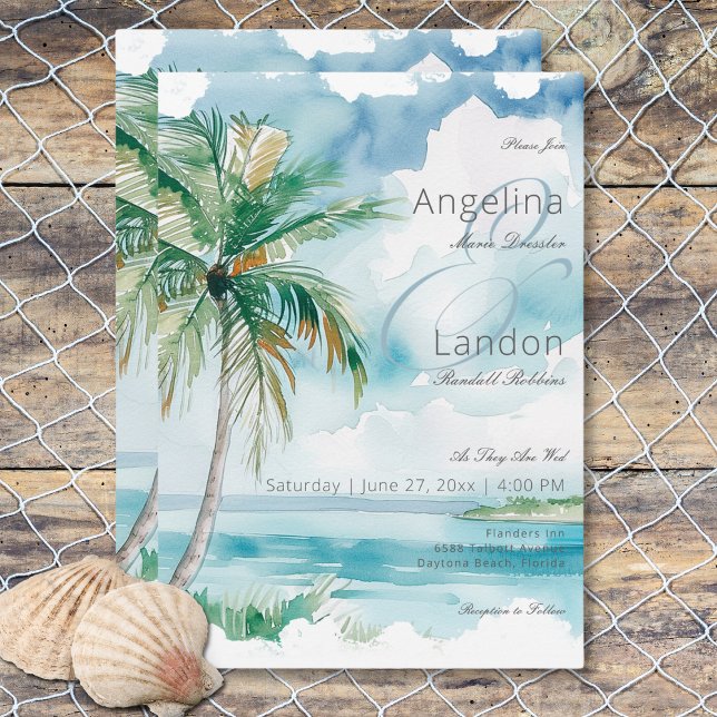 Invitation Aquarelle Moderne Palms & Plage Mariage de scène (Watercolor Modern Palms & Beach Scene Wedding Invitation)