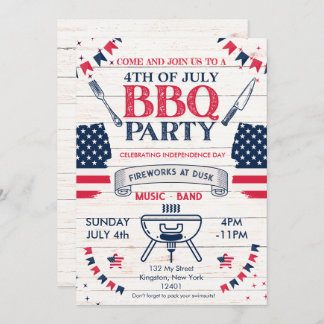 Invitation Aquarelle moderne Patriotique 4 juillet barbecue