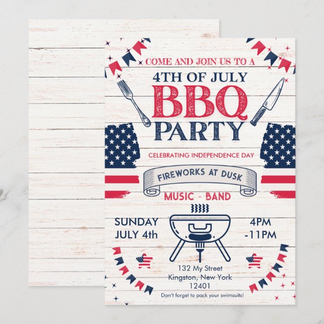 Invitation Aquarelle moderne Patriotique 4 juillet barbecue (Devant / Derrière)