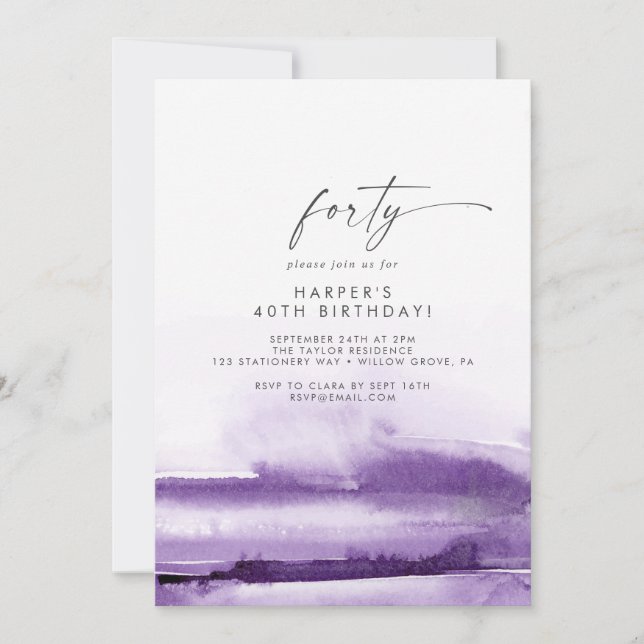 Invitation Aquarelle moderne | Purple 40e fête d'anniversaire (Devant)