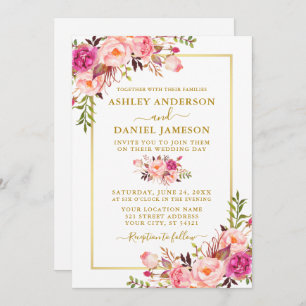 Invitation Aquarelle moderne rose Blush Floral Mariage or
