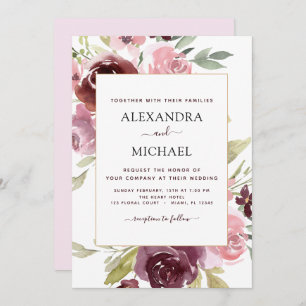 Invitation Aquarelle moderne rose Bourgogne Mariage Floral