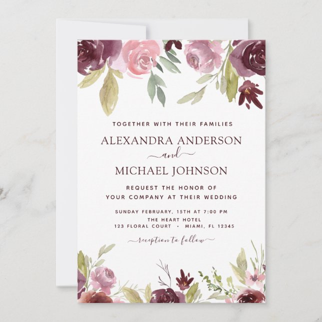 Invitation Aquarelle moderne rose Bourgogne Mariage Floral (Devant)