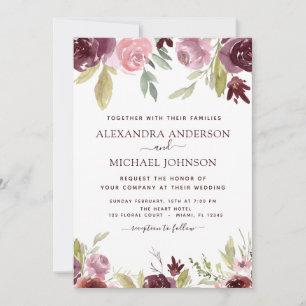 Invitation Aquarelle moderne rose Bourgogne Mariage Floral