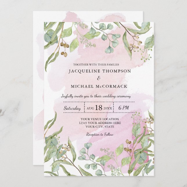 Invitation Aquarelle moderne rose Eucalyptus Mariage vert (Devant / Derrière)