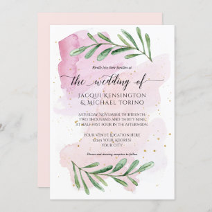 Invitation Aquarelle moderne rose Eucalyptus Mariage vert