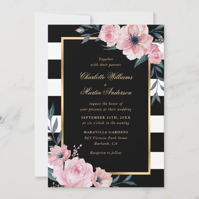Invitation Aquarelle moderne rose Floral or noir Mariage (Devant)
