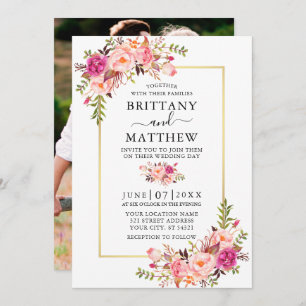 Invitation Aquarelle moderne rose Floral Photo Mariage or