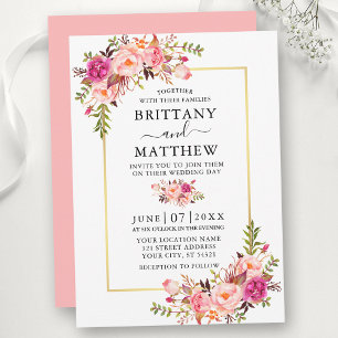 Invitation Aquarelle moderne rose Mariage or cadre