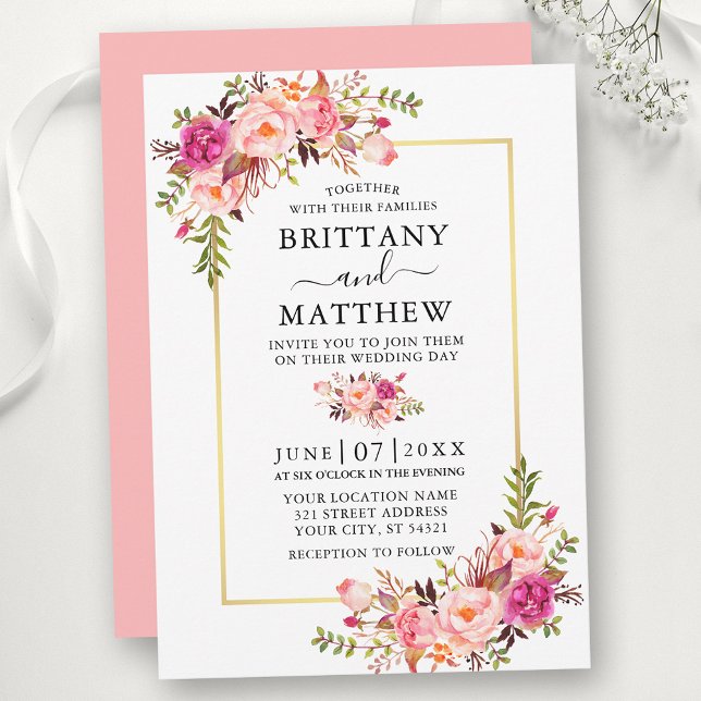 Invitation Aquarelle moderne rose Mariage or cadre (Customize to change color of back of card.)