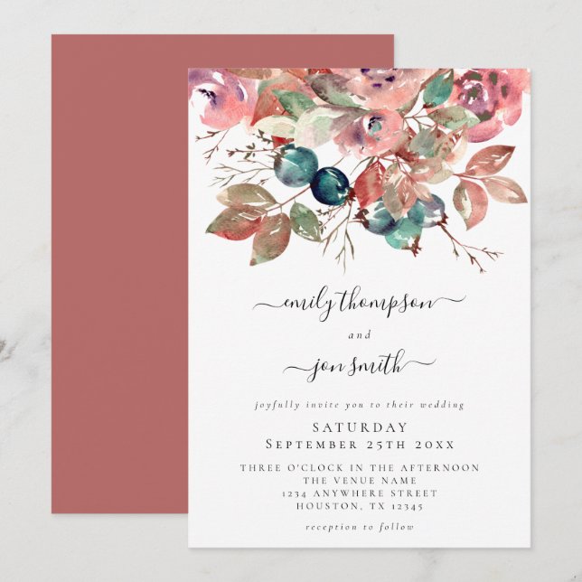 Invitation Aquarelle moderne rose Turquoise Flores Mariage (Devant / Derrière)