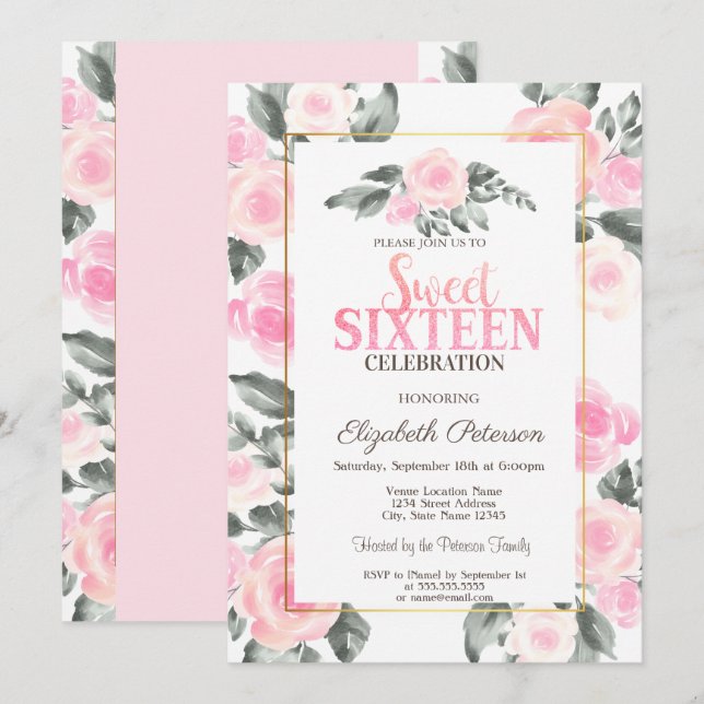 Invitation Aquarelle Moderne Roses Roses Roses Douze ans (Devant / Derrière)