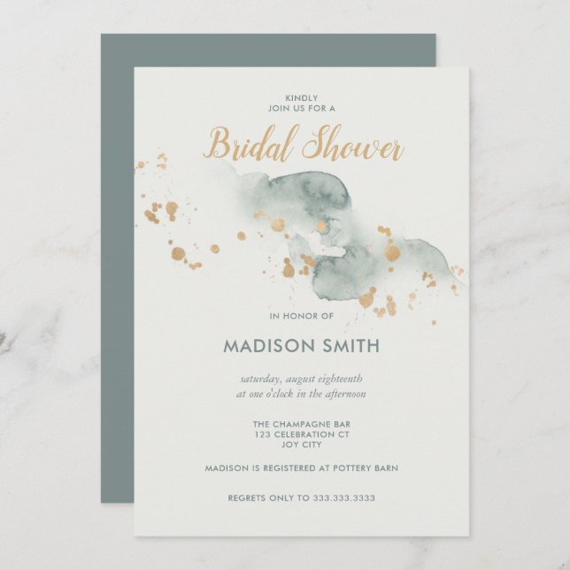 Invitation Aquarelle moderne Sage Vert Fête des mariées or (Devant / Derrière)