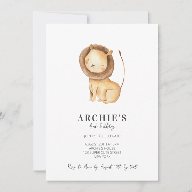 Invitation Aquarelle moderne simple Lion 1er anniversaire (Devant)