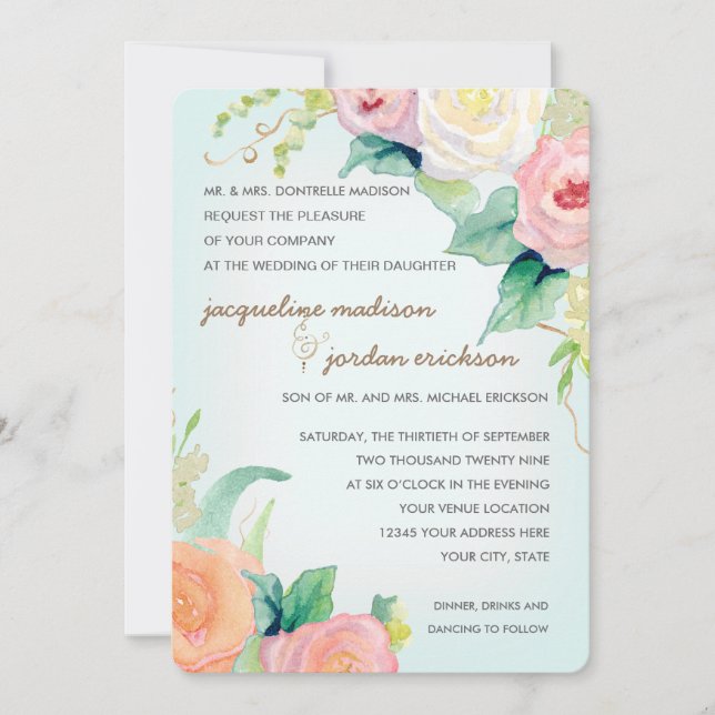 Invitation Aquarelle moderne simple Roses floraux Aqua Blue (Devant)
