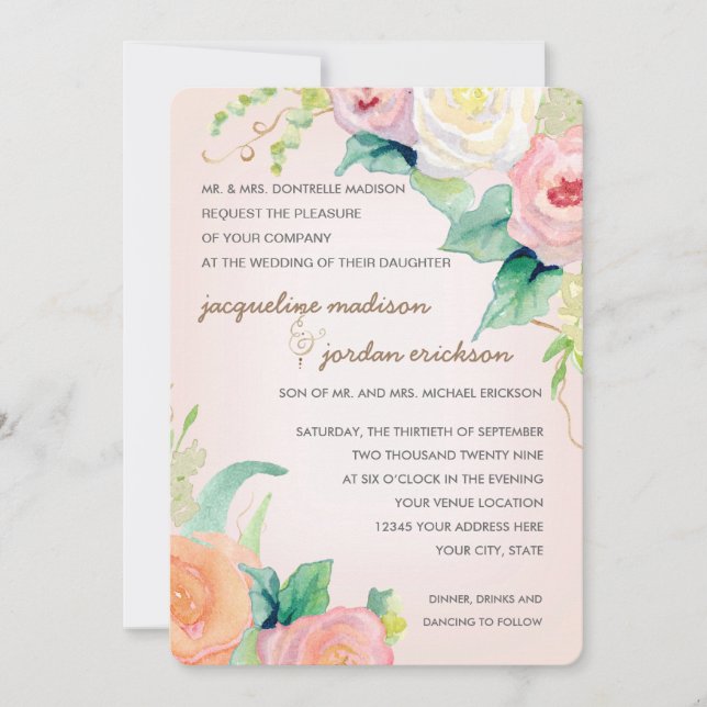 Invitation Aquarelle moderne simple Roses floraux corail rose (Devant)