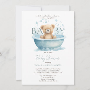 Invitation Aquarelle moderne Teddy Bear Baby shower bleu