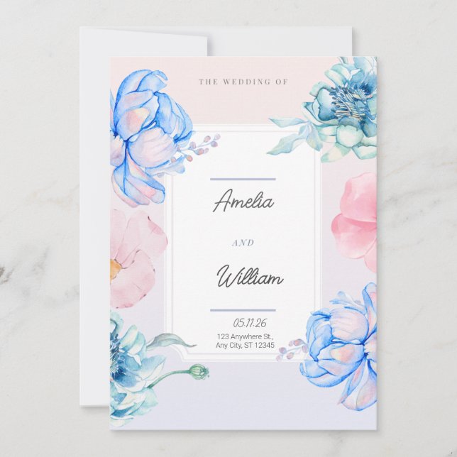 Invitation Aquarelle Moderne Tendance Florale Vert Bleu Rose (Devant)