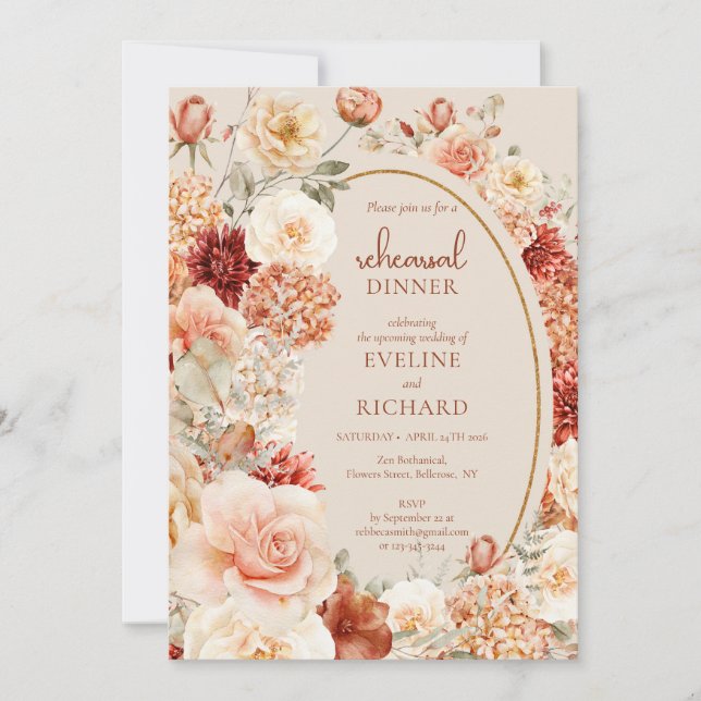 Invitation Aquarelle moderne terre cuite bordeaux floral (Devant)