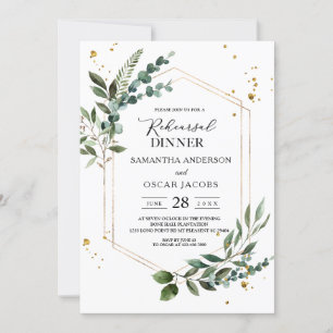 Invitation Aquarelle moderne Verdure Cadre doré Eucalyptus 