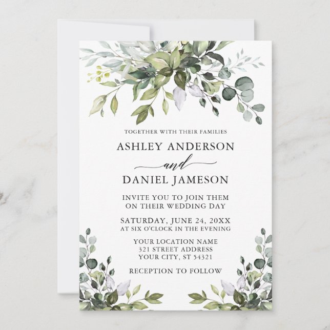 Invitation Aquarelle moderne Verdure Calligraphie Mariage (Devant)