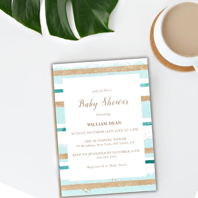 Invitation Aquarelle moderne Vert Baby shower de bande or (Modern Watercolor Green Gold Stripe Baby Shower Invitation)