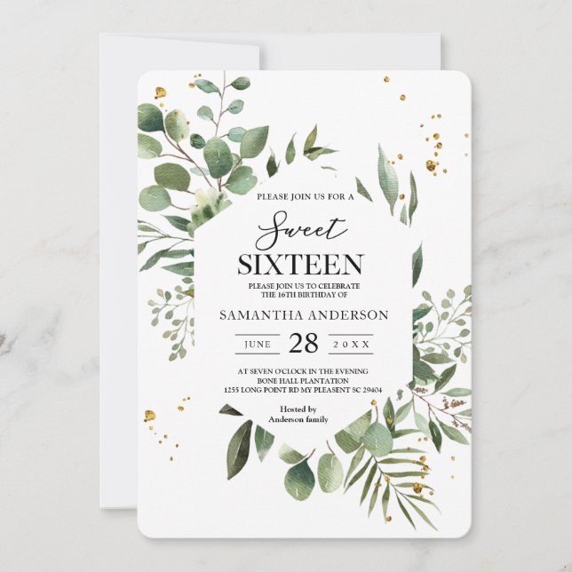 Invitation Aquarelle moderne Vert Eucalyptus Cadre vert (Devant)