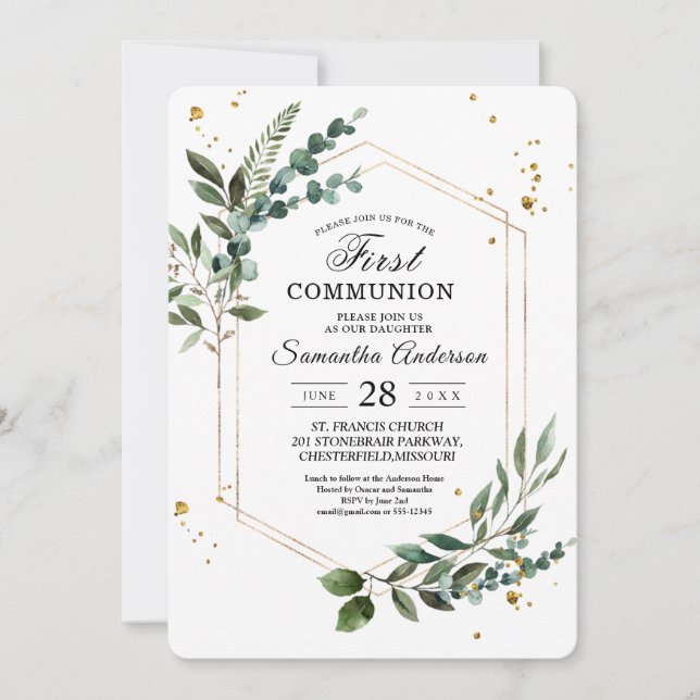 Invitation Aquarelle moderne Vert Eucalyptus Gold Frame (Devant)