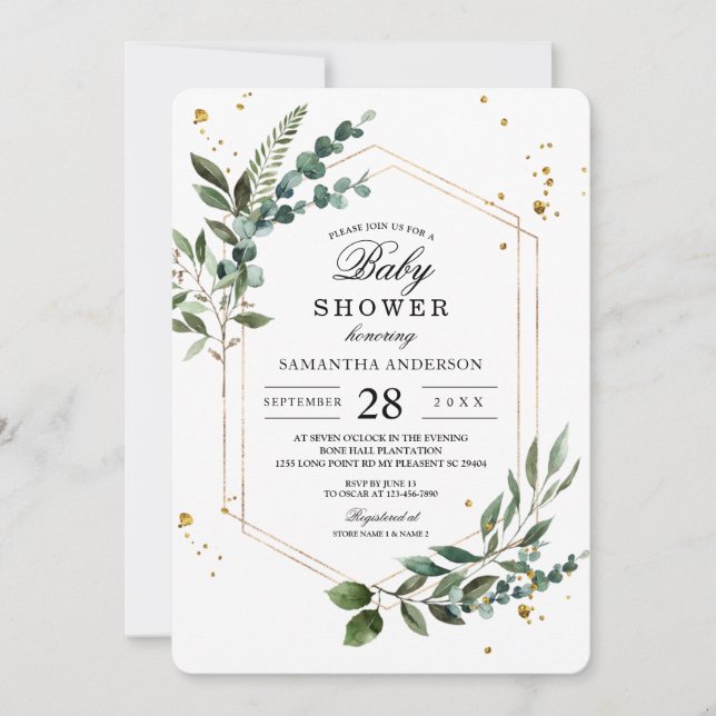 Invitation Aquarelle moderne Vert Eucalyptus Gold Frame (Devant)