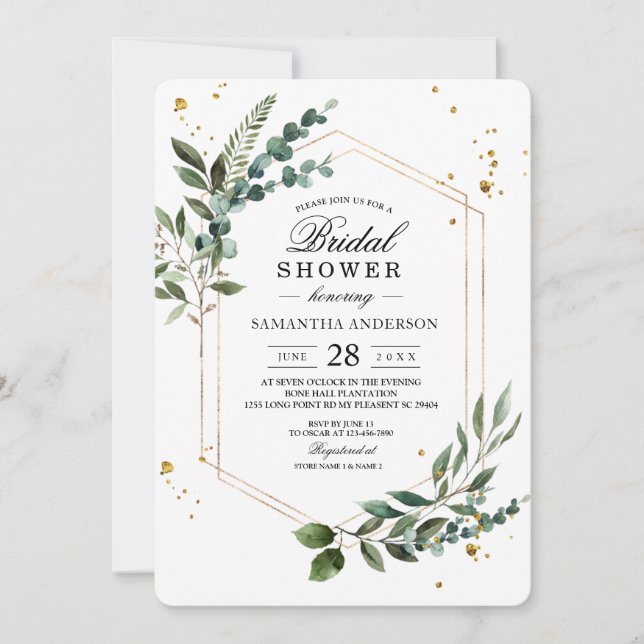 Invitation Aquarelle moderne Vert Eucalyptus Gold Frame  (Devant)