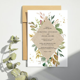 Invitation Aquarelle moderne Vert Feuille Kraft Cadre & Or