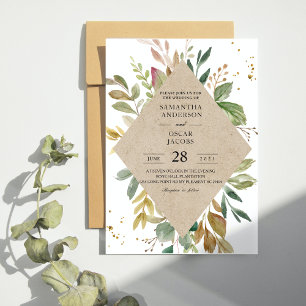 Invitation Aquarelle moderne Vert Feuille Kraft Cadre & Or
