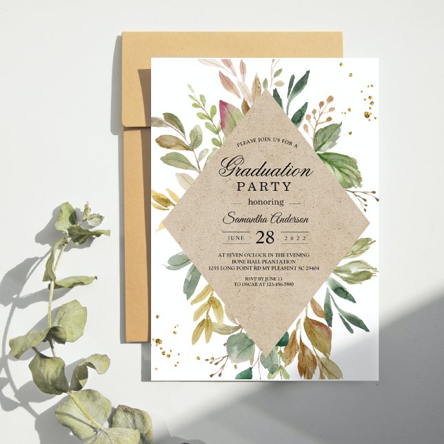 Invitation Aquarelle moderne Vert Feuille Kraft Cadre & Or (Créateur téléchargé)
