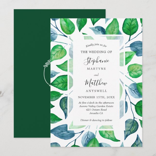 Invitation Aquarelle moderne Vert Feuille Mariage de feuillag (Devant / Derrière)