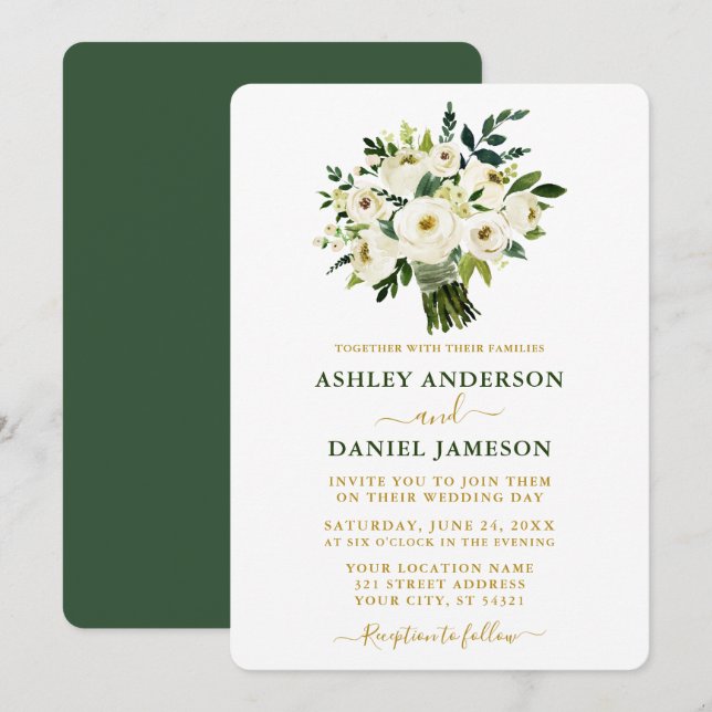 Invitation Aquarelle moderne Vert Floral Mariage or (Devant / Derrière)
