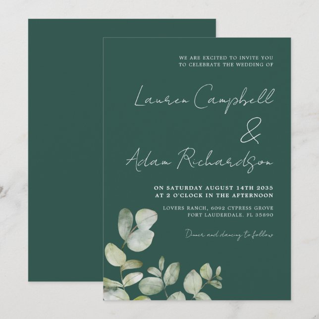 Invitation Aquarelle moderne vert foncé Mariage Eucalyptus (Devant / Derrière)