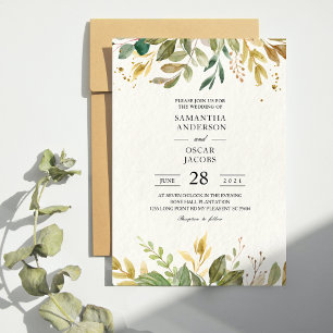 Invitation Aquarelle moderne verte Feuilles et gouttes d'or