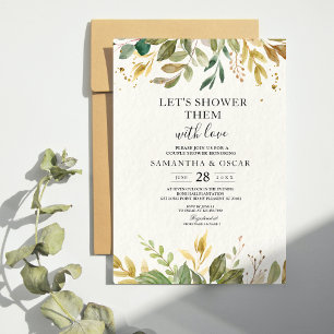 Invitation Aquarelle moderne verte Feuilles et gouttes d'or