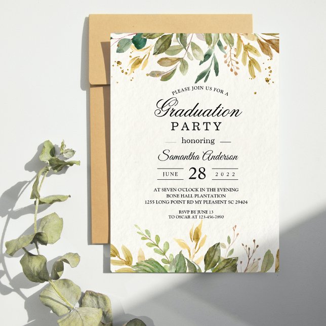 Invitation Aquarelle moderne verte Feuilles et gouttes d'or (Créateur téléchargé)