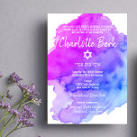 Invitation Aquarelle moderne violet bleu étoile BAT MITZVAH<br><div class="desc">Belles cartes d'invitation de Bat mitzvah juif religieux. Aquarelle claire pastel violet, violet, bleu, turquoise avec étoile de David en blanc. Lettres de script modernes. 'Est appelé à la TORAH comme un Bar Mitzvah'. Parfait pour fille de 12 ans, fille. Facile à modifier - il suffit d'ajouter vos informations /...</div>
