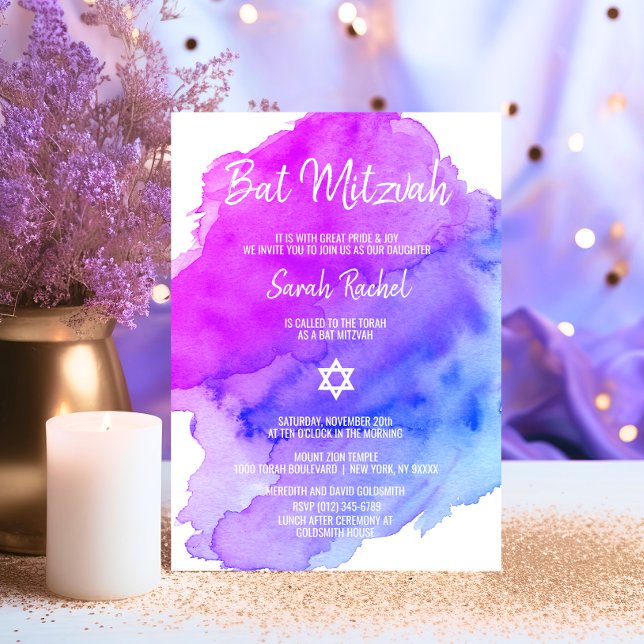 Invitation Aquarelle moderne violet bleu étoile BAT MITZVAH (Modern Watercolor Purple Blue Star BAT MITZVAH Invitation)