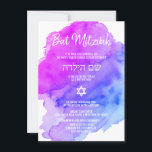 Invitation Aquarelle moderne violet bleu étoile BAT MITZVAH I<br><div class="desc">Belles cartes d'invitation de Bat mitzvah juif religieux. Aquarelle claire pastel violet, violet, bleu, turquoise avec étoile de David en blanc. Lettres de script modernes. 'Est appelé à la TORAH comme un Bar Mitzvah'. Parfait pour fille de 12 ans, fille. Facile à modifier - il suffit d'ajouter vos informations /...</div>