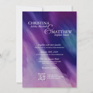 Invitation Aquarelle moderne violet bleu marine Mariage QR co
