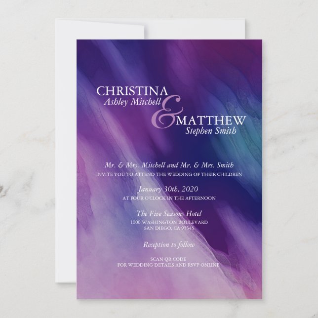 Invitation Aquarelle moderne violet bleu marine Mariage QR co (Devant)