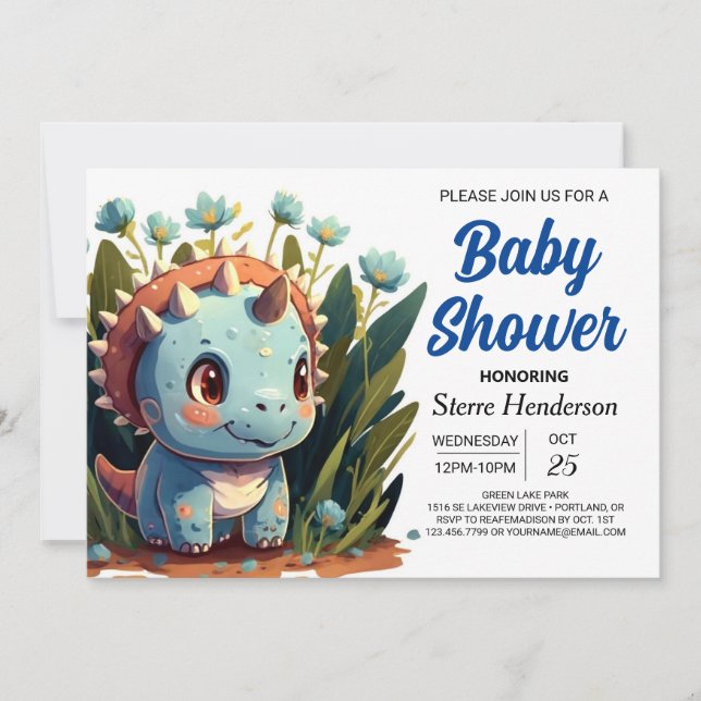 Invitation Aquarelle modifiable Cute Dinosaur Boy Baby shower (Devant)
