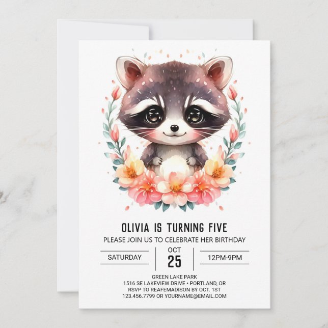 Invitation Aquarelle modifiable Raccoon fille Anniversaire (Devant)