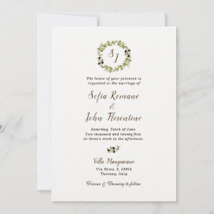Invitation Aquarelle monochrome Mariage de couronne d'olive