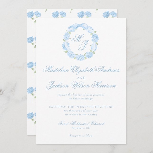 Invitation Aquarelle Monogramme bleu Hydrangea Mariage de cou (Devant / Derrière)